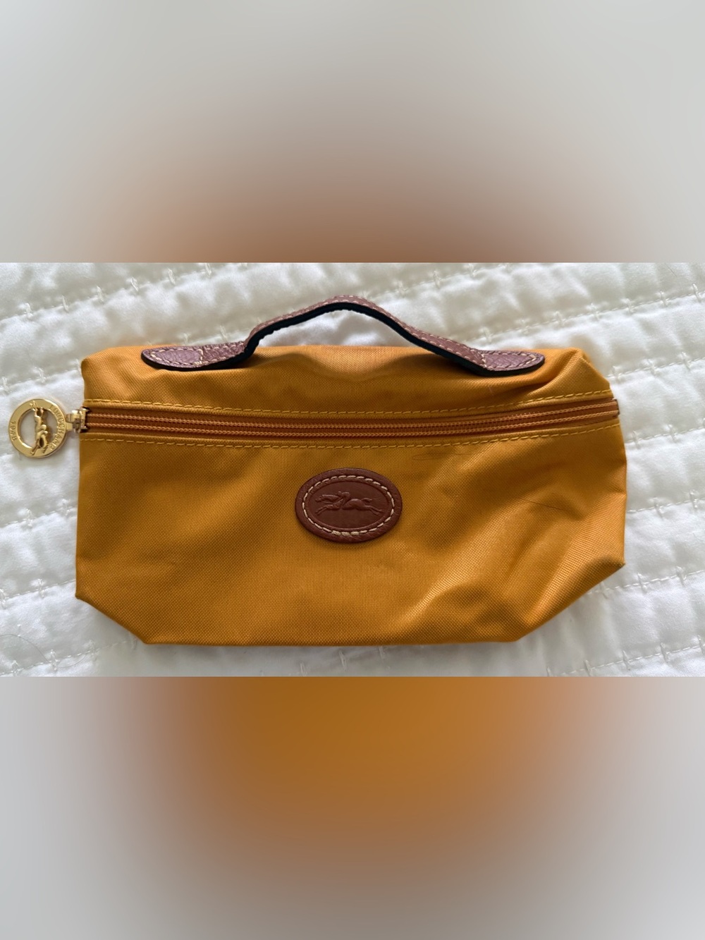 Longchamp Mustard Yellow Nylon Cosmetic Pouch with Brown Leather Trim